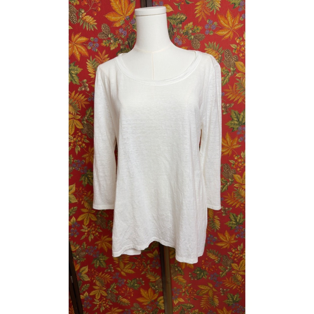 Eileen Fisher Petite Medium White Organic Linen Scoop Neck 3/4‎ Sleeve Top S4IZO